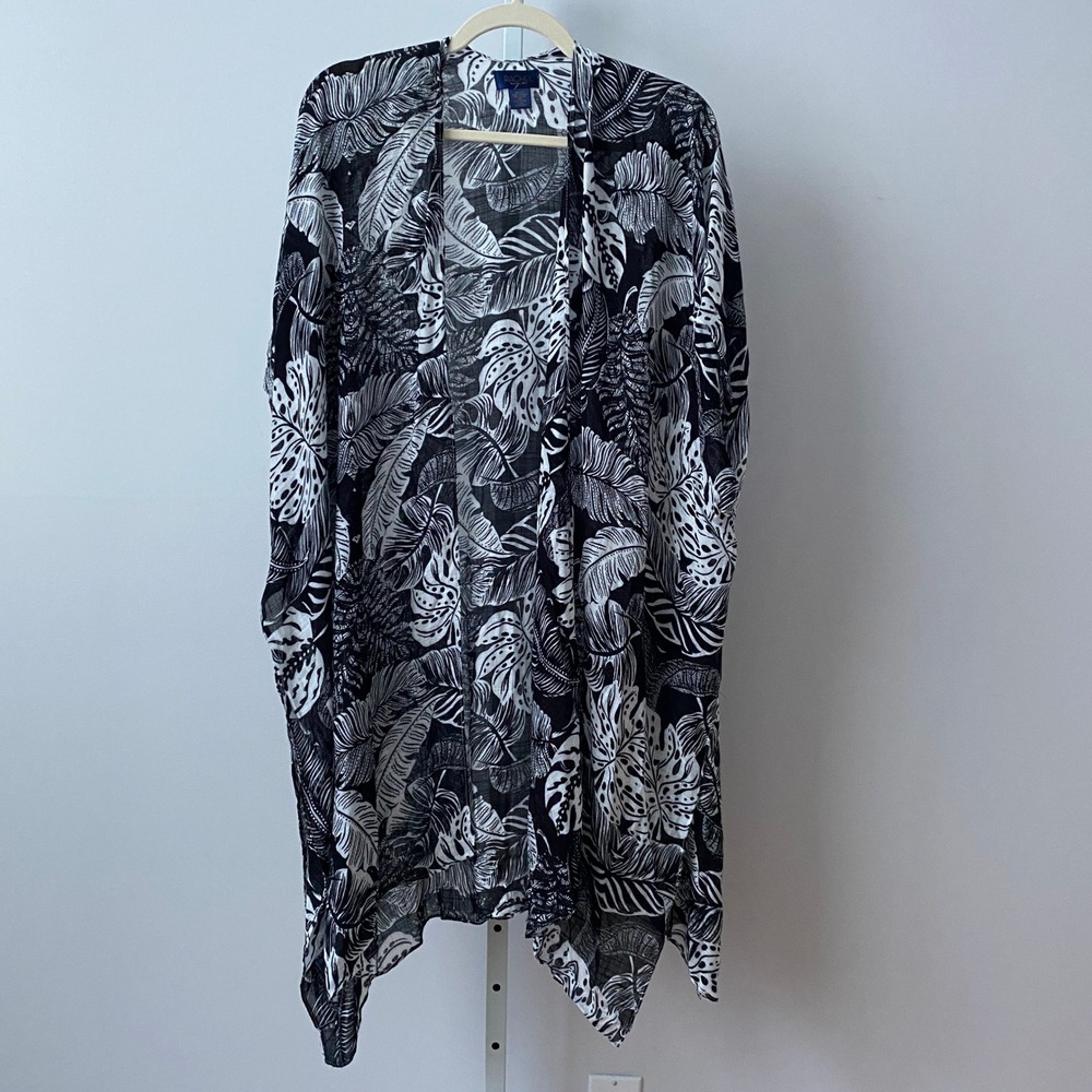 Rachel Rachel Roy Viscose Boho Beachy Relaxed Tropical Palm Leaf Kimono OS Black